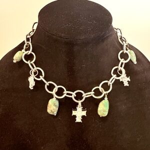 Silver Tone Necklace with Faux Turquoise and Rhinestone Cross Accents